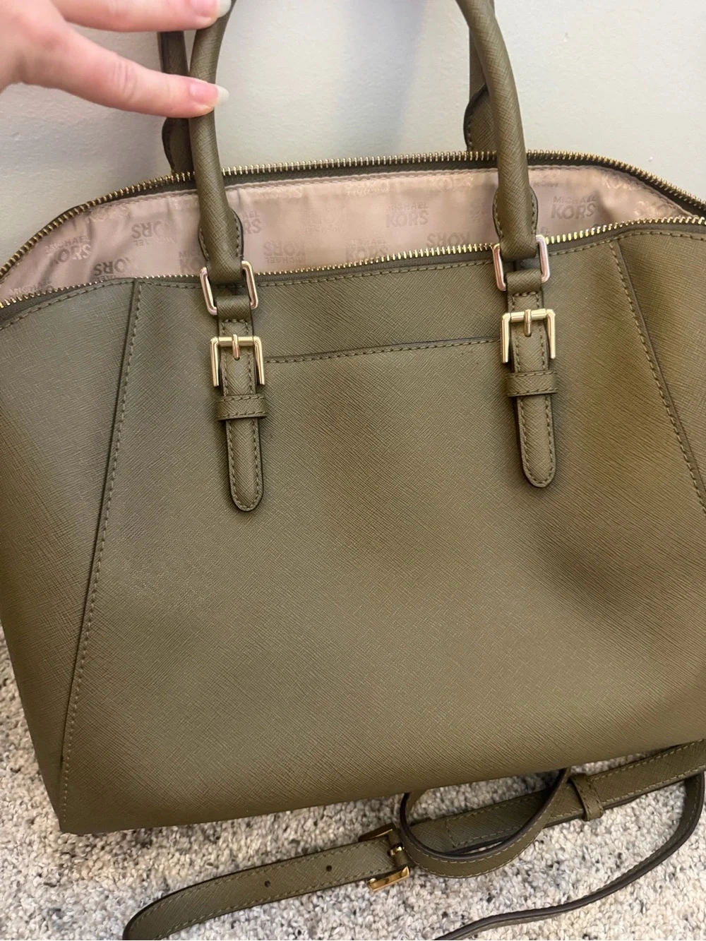 Michael Kors Olive Green Saffiano Leather Satchel with Gold Hardware